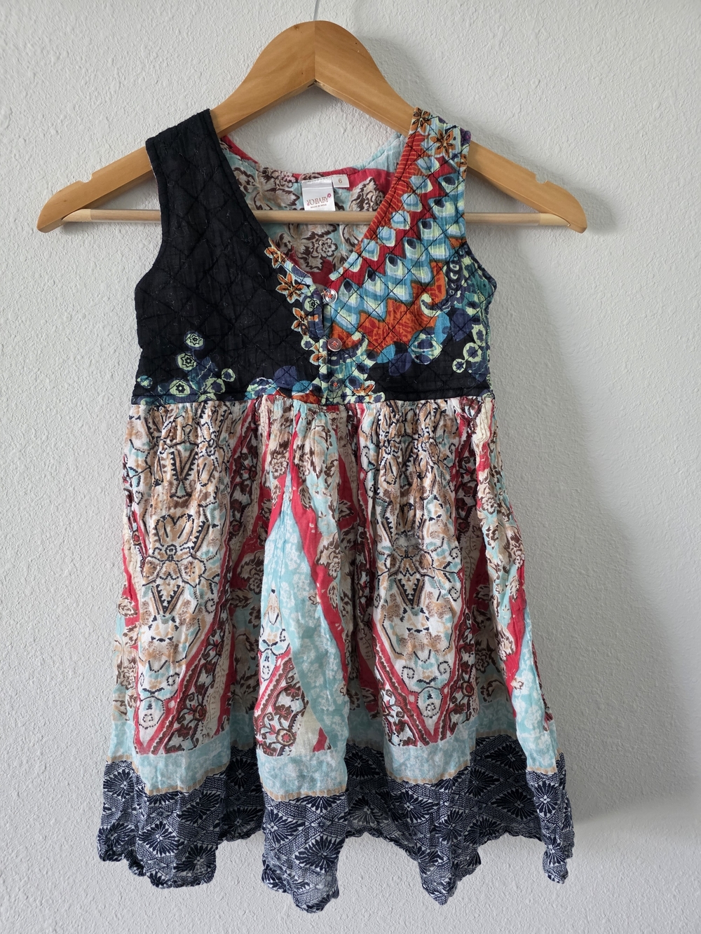 Girls' Boho Patchwork Dress in Black, Turquoise & Coral